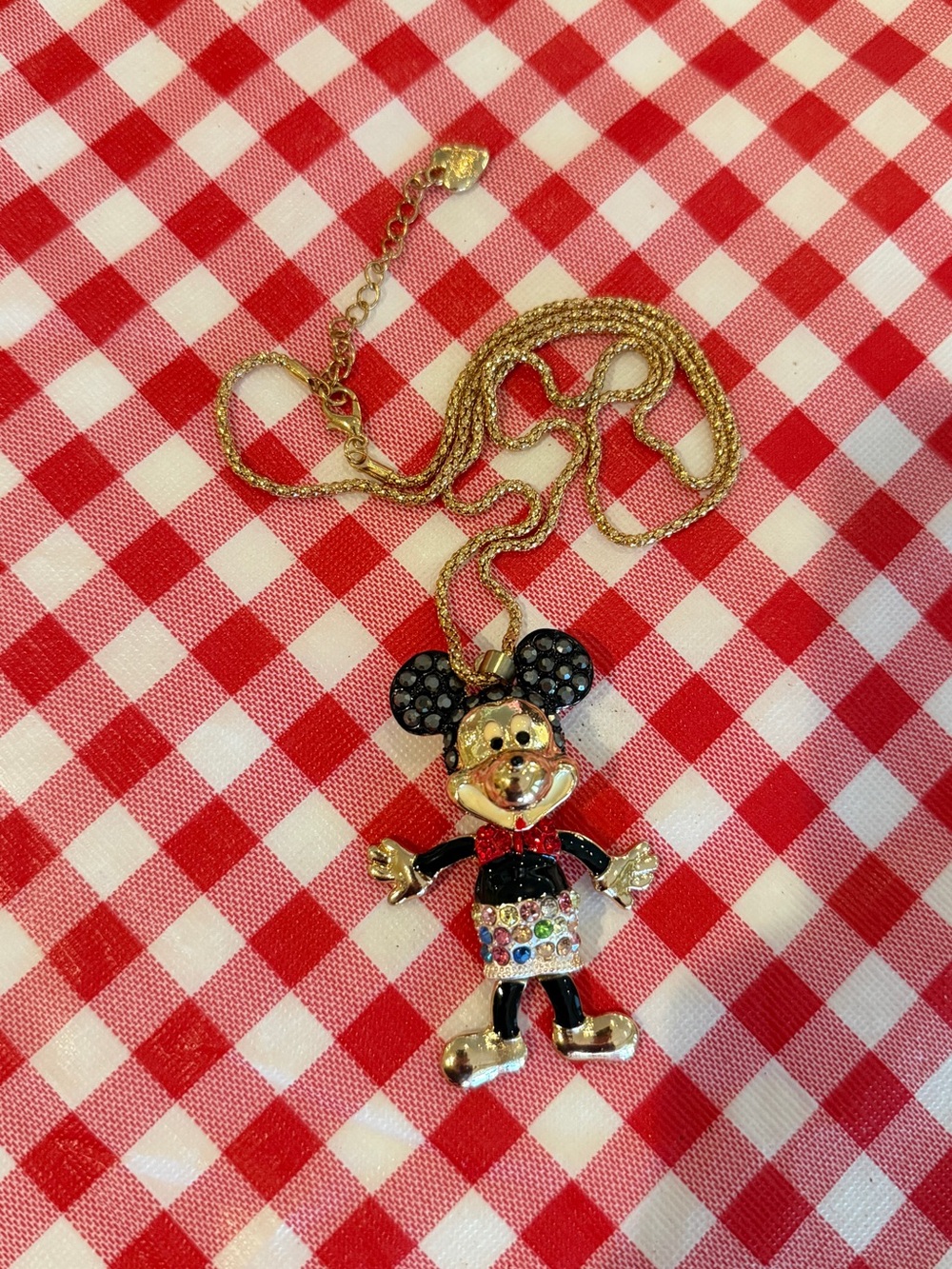 Disney Mickey Mouse Articulated Rhinestone Pendant Necklace Gold Tone Multicolor